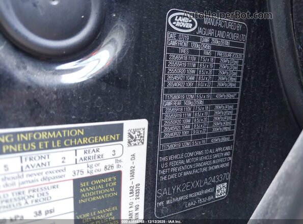 SALYK2EXXLA243370 2020 LAND ROVER RANGE ROVER VELAR Black ძრავის განყოფილების ხედი