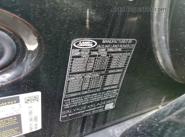 SALYK2EXXLA243823 2020 LAND ROVER RANGE Black Вид наклейки з VIN-кодом