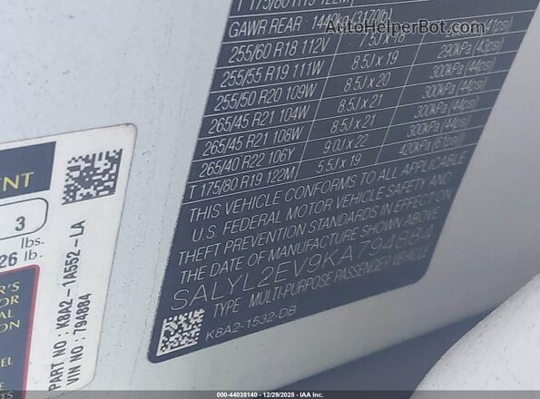 SALYL2EV9KA794884 2019 LAND ROVER RANGE ROVER VELAR Белый Вид подкапотного пространства