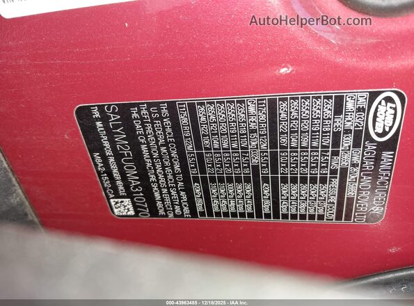 SALYM2FU0MA310770 2021 LAND ROVER RANGE ROVER VELAR Red Вид підкапотного простору