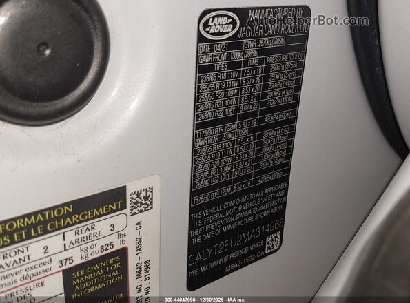SALYT2EU2MA314968 2021 LAND ROVER RANGE ROVER VELAR White Вид підкапотного простору
