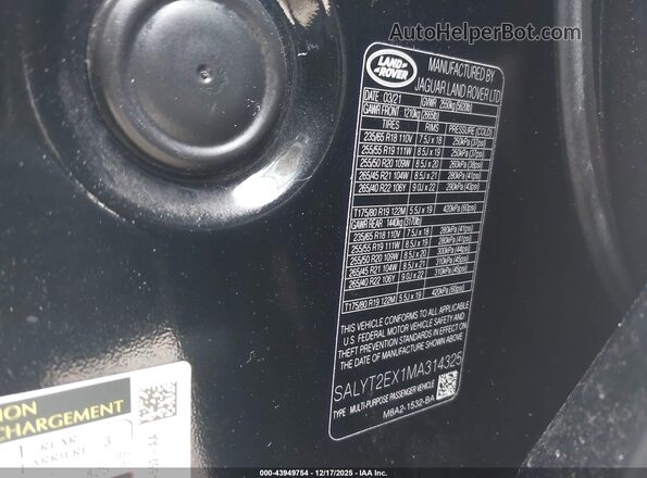 SALYT2EX1MA314325 2021 LAND ROVER RANGE ROVER VELAR Black Вид підкапотного простору