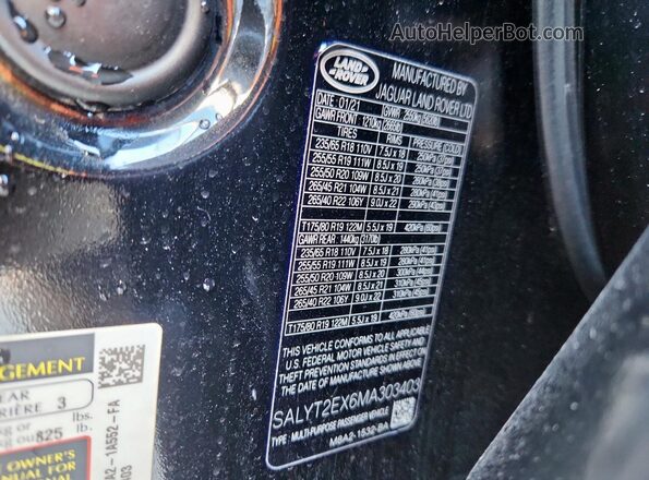 SALYT2EX6MA303403 2021 LAND ROVER RANGE Black Вид наклейки з VIN-кодом
