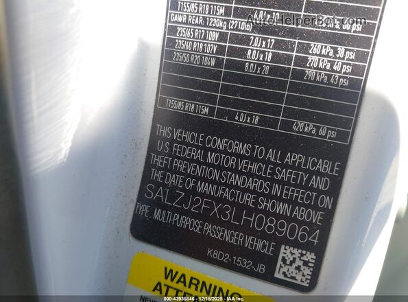 SALZJ2FX3LH089064 2020 LAND ROVER RANGE ROVER EVOQUE White Widok komory silnika