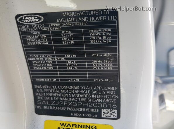 SALZJ2FX3PH203618 2023 LAND ROVER RANGE White Widok wnętrza 360 stopni