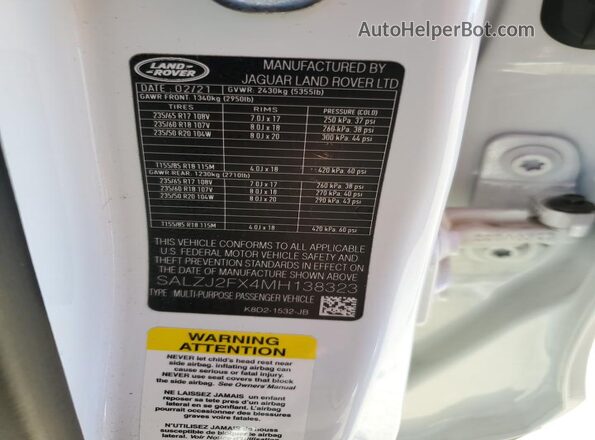 SALZJ2FX4MH138323 2021 LAND ROVER RANGE White Вид наклейки з VIN-кодом