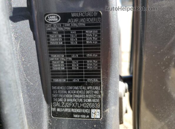 SALZJ2FX7LH026839 2020 LAND ROVER RANGE Gray VIN կոդի պիտակի տեսք