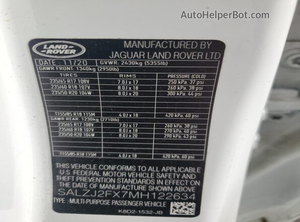 SALZJ2FX7MH122634 2021 LAND ROVER RANGE White VIN կոդի պիտակի տեսք