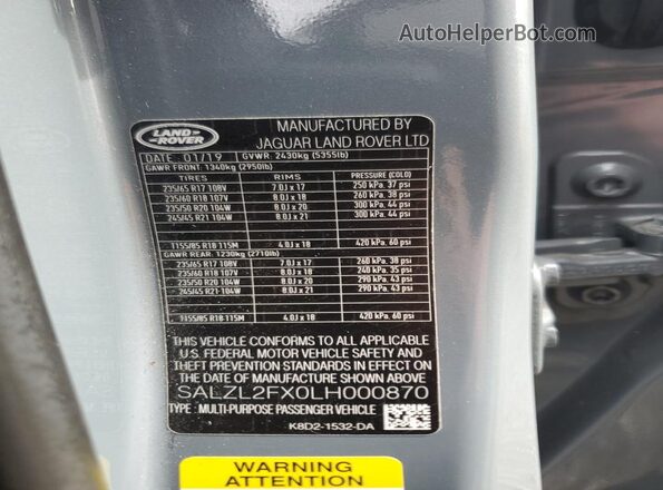 SALZL2FX0LH000870 2020 LAND ROVER RANGE Gray Вид наклейки з VIN-кодом