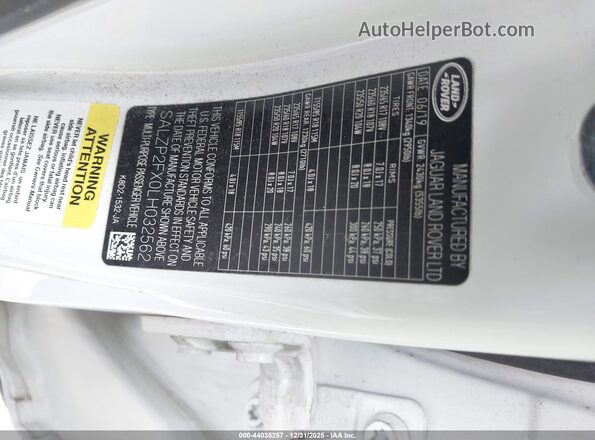 SALZP2FX0LH032562 2020 LAND ROVER RANGE ROVER EVOQUE White Շարժիչի բաժամունքի տեսք