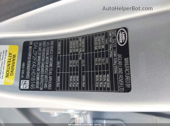 SALZP2FX4LH018146 2020 LAND ROVER RANGE ROVER EVOQUE Silver Շարժիչի բաժամունքի տեսք