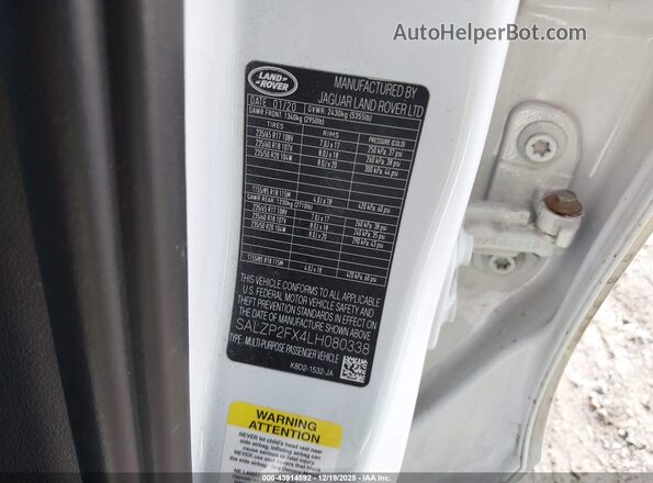 SALZP2FX4LH080338 2020 LAND ROVER RANGE ROVER EVOQUE White Вид підкапотного простору