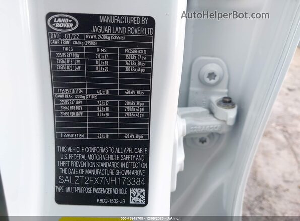 SALZT2FX7NH173384 2022 LAND ROVER RANGE ROVER EVOQUE White Շարժիչի բաժամունքի տեսք