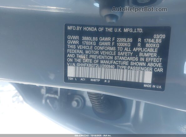 SHHFK8G72LU200940 2020 HONDA CIVIC Gray Շարժիչի բաժամունքի տեսք