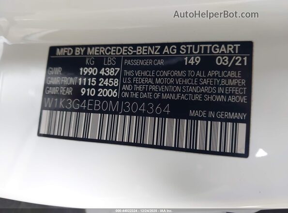 W1K3G4EB0MJ304364 2021 MERCEDES-BENZ A 220 White ძრავის განყოფილების ხედი