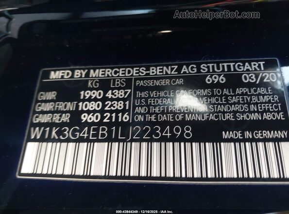 W1K3G4EB1LJ223498 2020 MERCEDES-BENZ A 220 Черный Вид подкапотного пространства