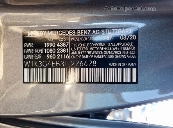W1K3G4EB3LJ226628 2020 MERCEDES-BENZ A Gray Вид підкапотного простору