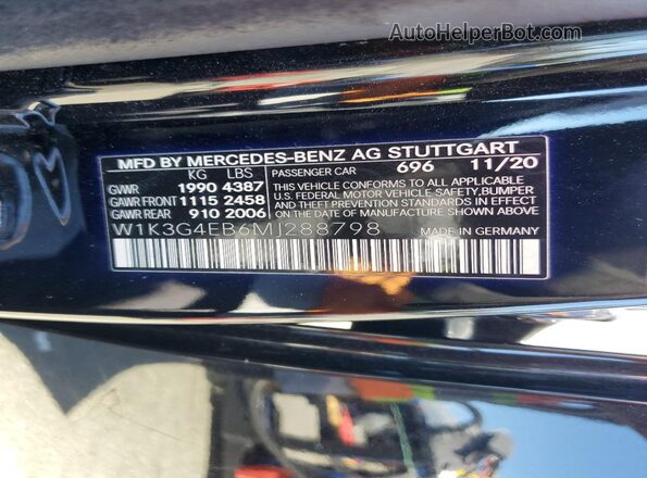 W1K3G4EB6MJ288798 2021 MERCEDES-BENZ A Black Widok naklejki z numerem VIN