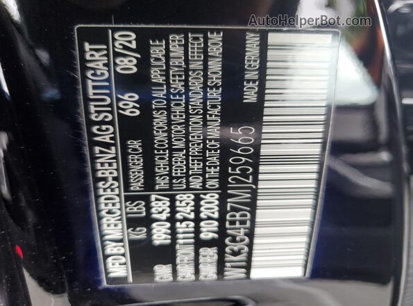 W1K3G4EB7MJ259665 2021 MERCEDES-BENZ A Black Widok naklejki z numerem VIN