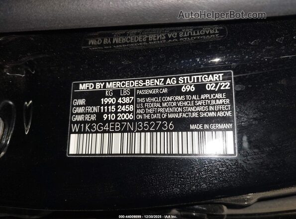 W1K3G4EB7NJ352736 2022 MERCEDES-BENZ A 220 Черный Вид подкапотного пространства