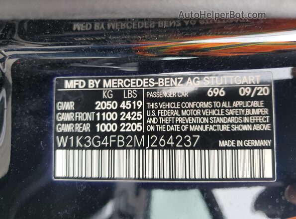 W1K3G4FB2MJ264237 2021 MERCEDES-BENZ A Black Вид наклейки з VIN-кодом