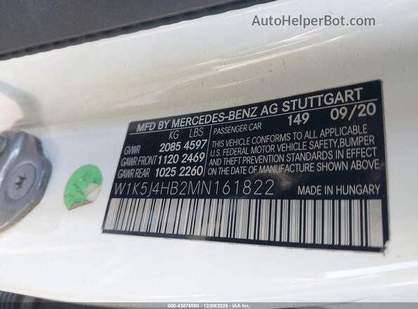 W1K5J4HB2MN161822 2021 MERCEDES-BENZ CLA 250 White 