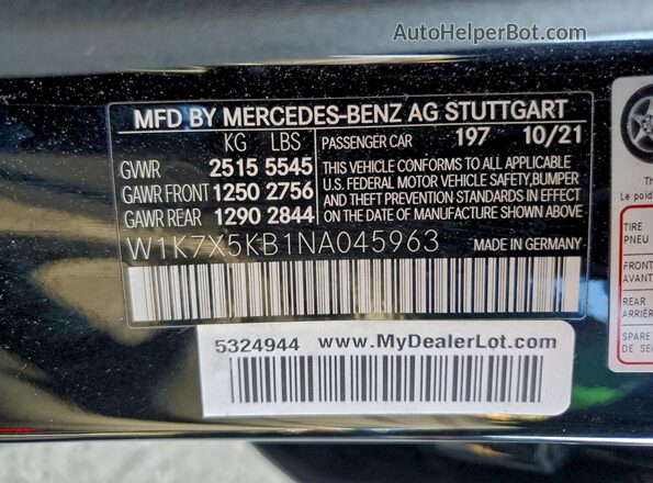 W1K7X5KB1NA045963 2022 MERCEDES-BENZ AMG Black VIN կոդի պիտակի տեսք