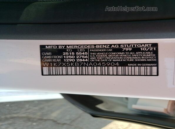 W1K7X5KB7NA045904 2022 MERCEDES-BENZ AMG White Vista de la etiqueta del VIN