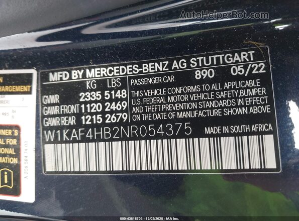 W1KAF4HB2NR054375 2022 MERCEDES-BENZ C-CLASS Dark Blue Вид подкапотного пространства