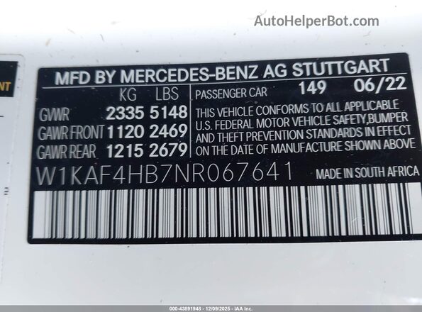 W1KAF4HB7NR067641 2022 MERCEDES-BENZ C-CLASS Белый 