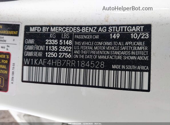 W1KAF4HB7RR184528 2024 MERCEDES-BENZ C-CLASS Белый 