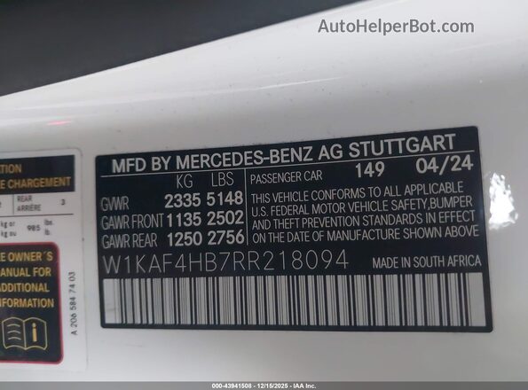 W1KAF4HB7RR218094 2024 MERCEDES-BENZ C-CLASS White 