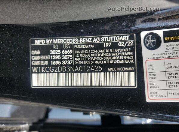 W1KCG2DB3NA012425 2022 MERCEDES-BENZ EQS Black VIN კოდის სტიკერის ხედი