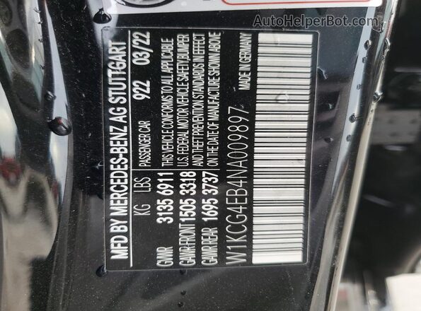 W1KCG4EB4NA009897 2022 MERCEDES-BENZ EQS Two Tone VIN კოდის სტიკერის ხედი