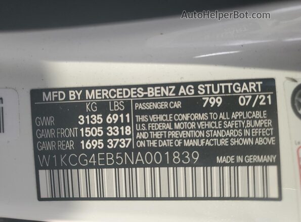 W1KCG4EB5NA001839 2022 MERCEDES-BENZ EQS White VIN sticker view