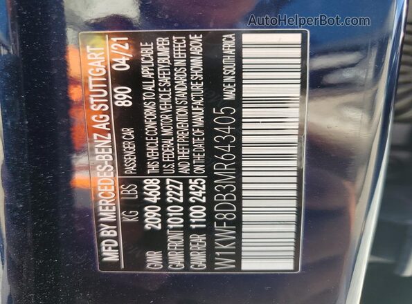 W1KWF8DB3MR643405 2021 MERCEDES-BENZ C Blue Widok naklejki z numerem VIN