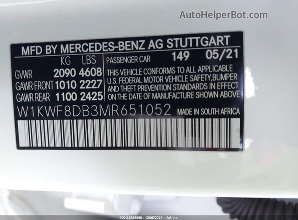 W1KWF8DB3MR651052 2021 MERCEDES-BENZ C-CLASS White Вид підкапотного простору
