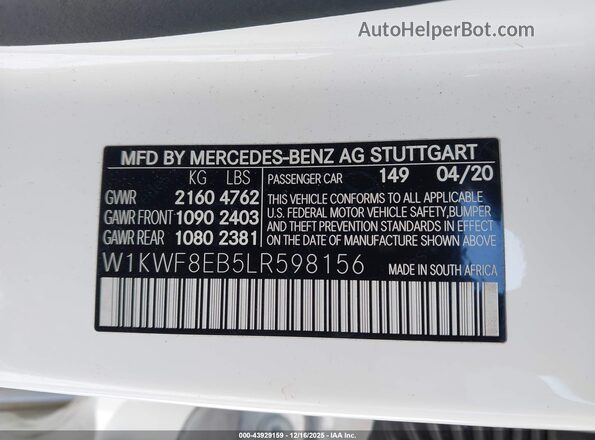 W1KWF8EB5LR598156 2020 MERCEDES-BENZ C-CLASS White Vista del compartimento del motor