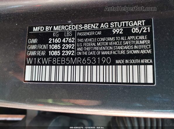 W1KWF8EB5MR653190 2021 MERCEDES-BENZ C-CLASS Gray ძრავის განყოფილების ხედი