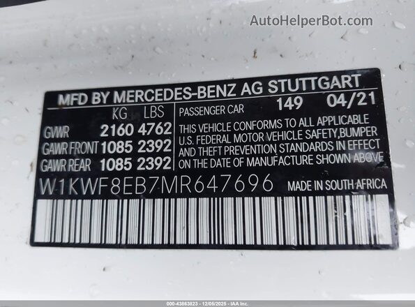 W1KWF8EB7MR647696 2021 MERCEDES-BENZ C-CLASS White Вид підкапотного простору