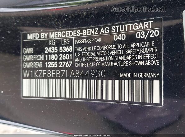 W1KZF8EB7LA844930 2020 MERCEDES-BENZ E-CLASS Черный Вид подкапотного пространства