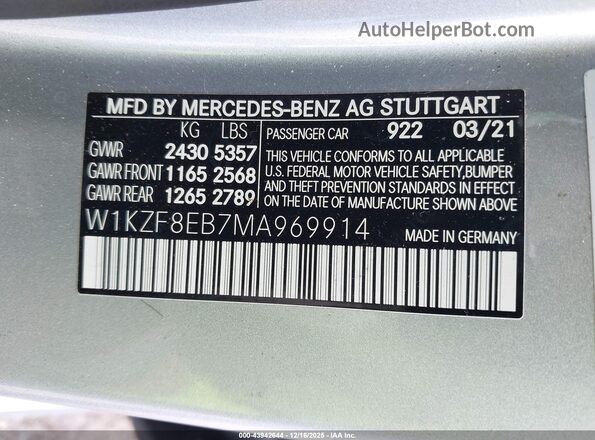 W1KZF8EB7MA969914 2021 MERCEDES-BENZ E-CLASS Silver Vista del compartimento del motor