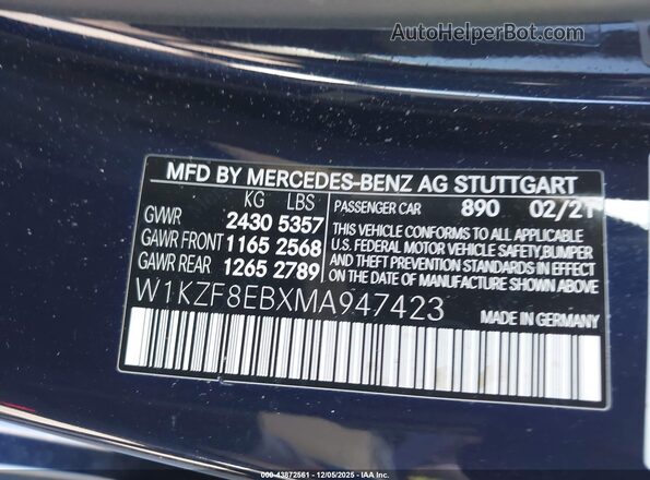 W1KZF8EBXMA947423 2021 MERCEDES-BENZ E-CLASS Blue Вид підкапотного простору