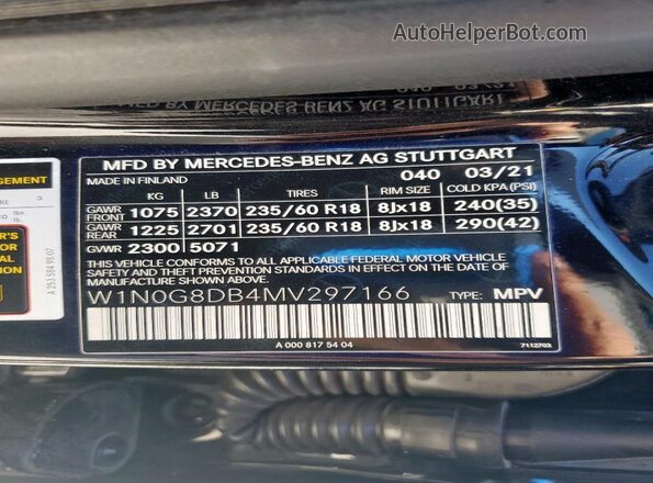 W1N0G8DB4MV297166 2021 MERCEDES-BENZ GLC-CLASS Black Vista de la etiqueta del VIN