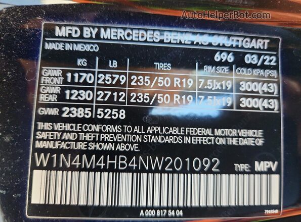 W1N4M4HB4NW201092 2022 MERCEDES-BENZ GLB-CLASS Black VIN კოდის სტიკერის ხედი