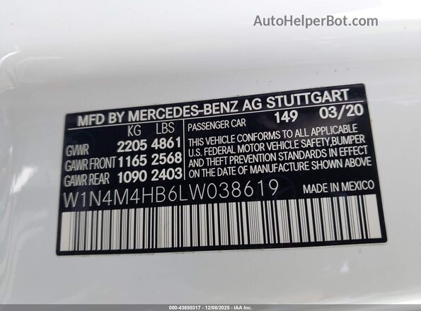W1N4M4HB6LW038619 2020 MERCEDES-BENZ GLB-CLASS Белый Вид подкапотного пространства