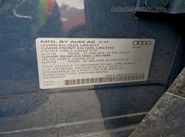 WA122BGF5SA022222 2025 AUDI OTHER Blue Vista interior de 360 grados