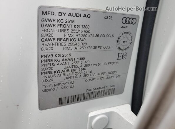 WA15AAGU9S2017401 2025 AUDI Q5 White Vista de la etiqueta del VIN