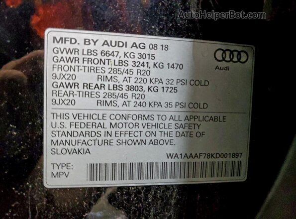 WA1AAAF78KD001897 2019 AUDI Q7 Black VIN կոդի պիտակի տեսք