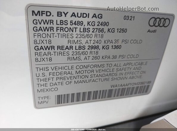 WA1AAAFY2M2082189 2021 AUDI Q5 White Вид підкапотного простору